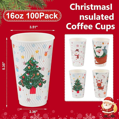 100 Count Christmas Paper Cups, Xmas 16 oz DisposableCoffee Cups Snowflake Santa Snowman Elk Christmas(16oz 100Count)