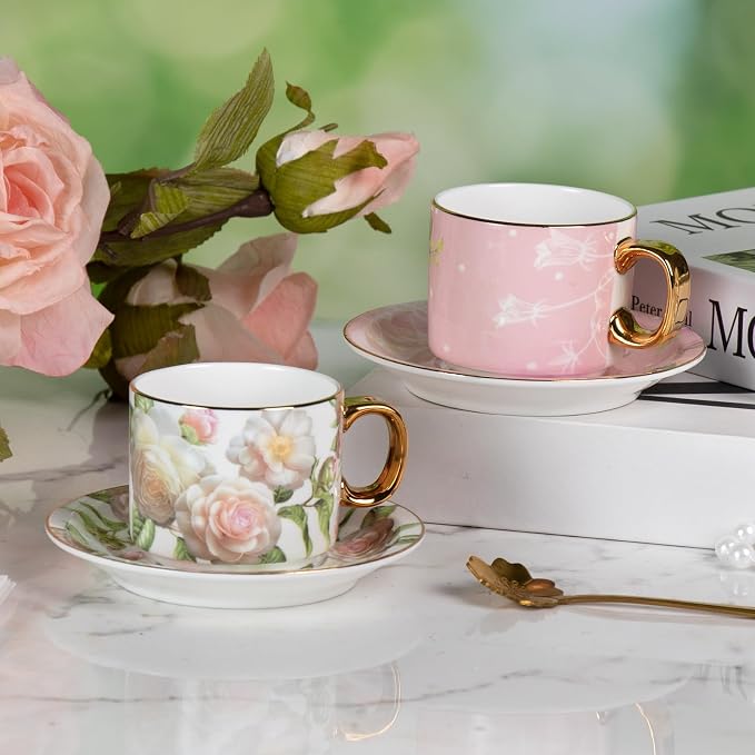KAMMAK Tea Cups and Saucers Set of 2, Porcelain Coffee Cups, JBE025 | Stackable - Image 7