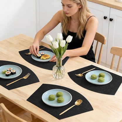 Homaxy Round Table Placemats Set of 6, Washable Wedge Shaped Faux Leather Table Mats, Wipeable Kitchen Dinner Place Mats for Indoor Outdoor, Black