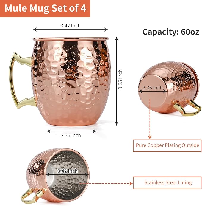 Amrules Moscow Mule Mugs Set of 4, 16 OZ Hammered Copper Cups - Image 3