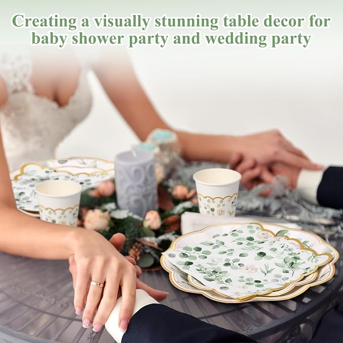 Funnymoom 250 Pcs Sage Green Color Party Decorations Eucalyptus Greenery Plates - Image 4