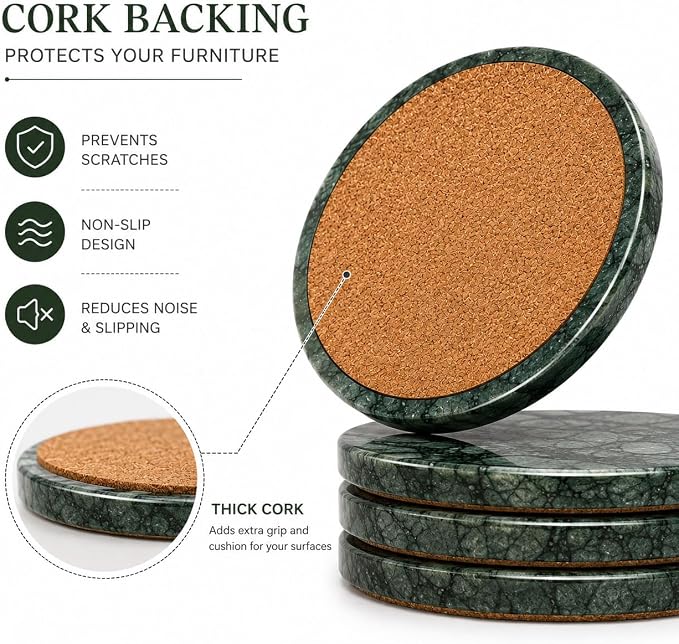 Green Marble Coasters Set of 4, Natural Emerald Stone Drink Coasters - Image 3