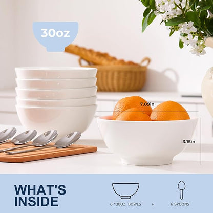 VENVENWEAVS 30 OZ White Thickened Ceramic Bowls Set of 6 Complimentary 6 Spoons - Image 2