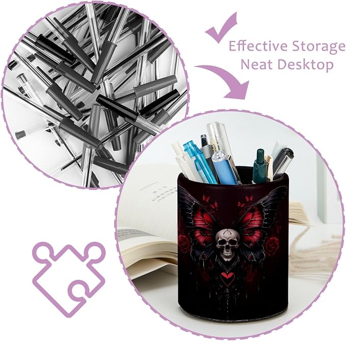 Leather Pen Holder for Desk, Skull Butterfly Pencil Cup Pen Organizer Makeup - Image 4