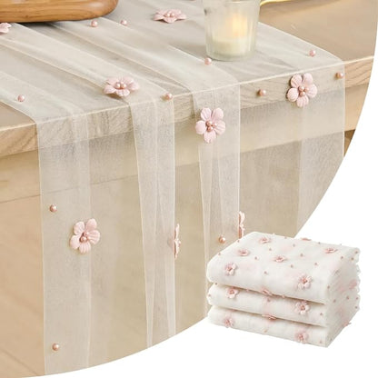 Artoid Mode Yellow Flower Pearl White Gauze Table Runner 10FT 3PC, Seasonal by ArtoidMode