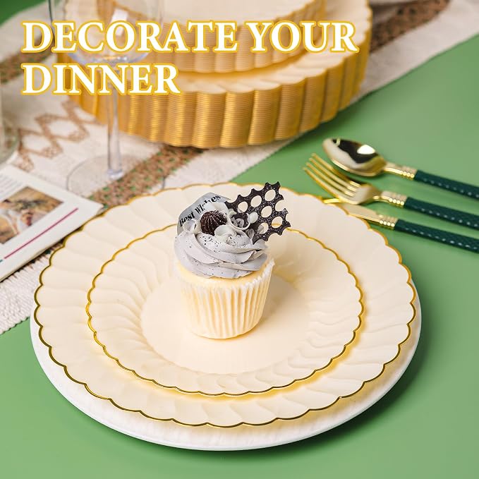Lullaby 60PCS Light Yellow Scalloped Plastic Plates - Image 4