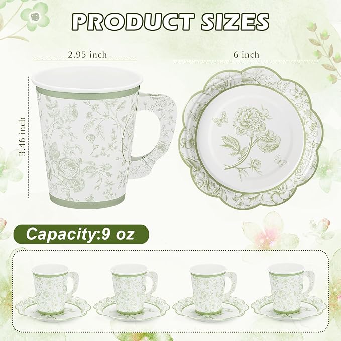 FillTouch 100 Sets Green Floral Paper Tea Cups and Saucers Disposable Paper Tea - Image 2