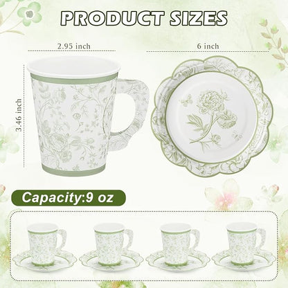 FillTouch 100 Sets Green Floral Paper Tea Cups and Saucers Disposable Paper Tea - Image 2