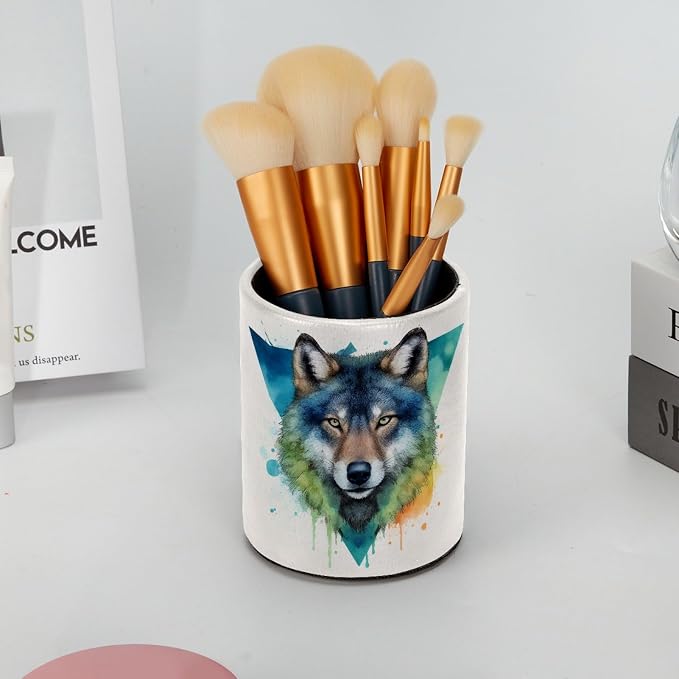Leather Pen Holder for Desk, Watercolor Wolf Pencil Cup Pen Organizer Makeup - Image 6
