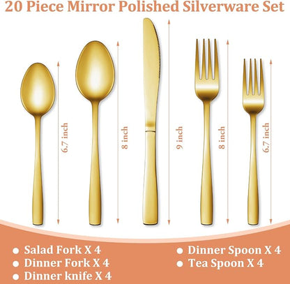 20 Pcs Gold Silverware Set, Stainless Steel Flatware Set - Image 2