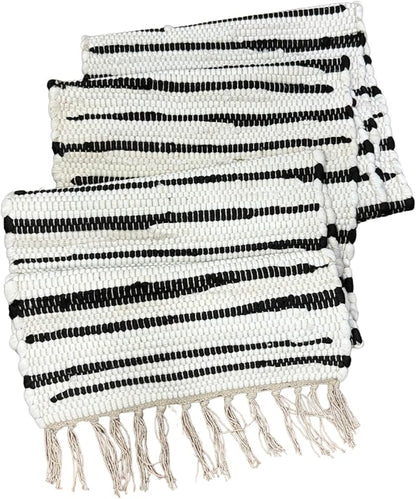 Perilla Home Chindi Table Runner Boho with Tassels 72 Inches Long Linen Cotton - Braided Rustic Farmhouse Fall Kitchen Dining Table Decoration for Party Wedding (Black & White)