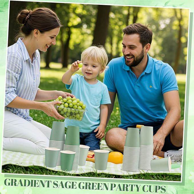 NatNarr 100 Pack Gradient Sage Green Paper Cups, 9oz Baby Shower Paper Cup | - Image 6