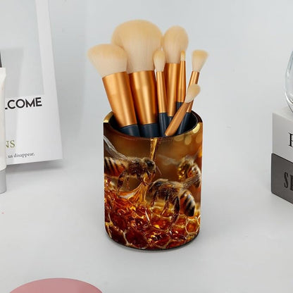 Leather Pen Holder for Desk, Bee Hive Pencil Cup Pen Organizer Makeup Brush - Image 6