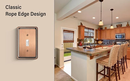 Henne Bery Rope Edge Decorative Wall Plate Switch Plate Outlet Cover (Single Toggle, 3 Pack, Antique Copper)
