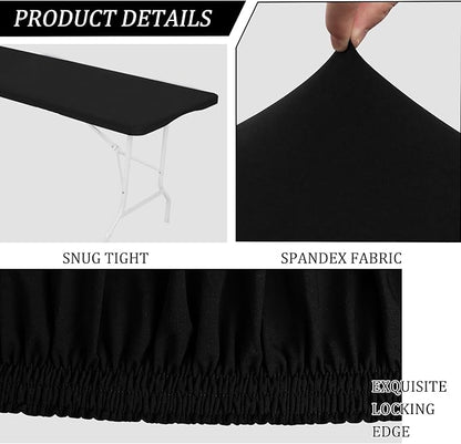 4 Pack Spandex Tablecloth Table Top Cap Cover Washable Elastic Rectangle Tablecloth for 8 FT Folding Tables for Indoor Outdoor Party (96 x 30 Inches, Black)