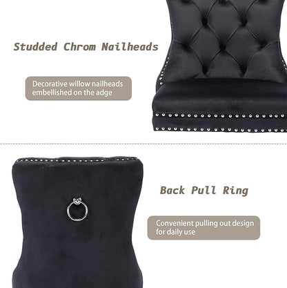 KCC Velvet Dining Chairs Set of 4, Upholstered High-end Tufted Dining Room Chair with Nailhead Back Ring Pull Trim Solid Wood Legs, Nikki Collection Modern Style for Kitchen, Black