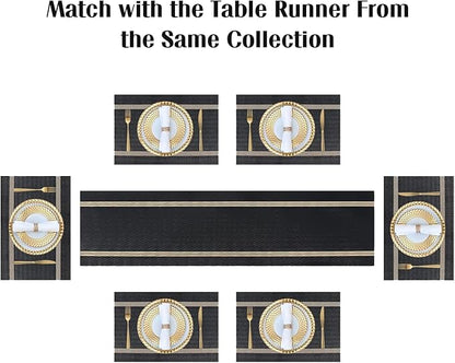 FAVE Placemats Set of 12 Black Placemats Woven with Golden Thread Heat Resistant 12 Vinly Place Mats for Wedding, Banquet, Birthday, Party, Restaurant (Black, 12"x18"-12PCS)