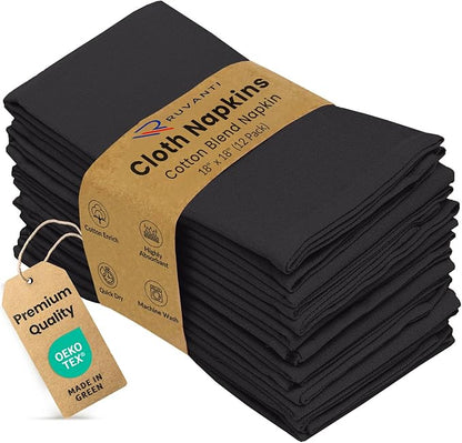 Ruvanti Cloth Napkins set of 12, 18x18 Inches Napkins Cloth Washable, Soft, Durable, Absorbent, Cotton Blend. Table Dinner Napkins Cloth for Hotel, Lunch, Restaurant, Weddings, Events, Parties - Black