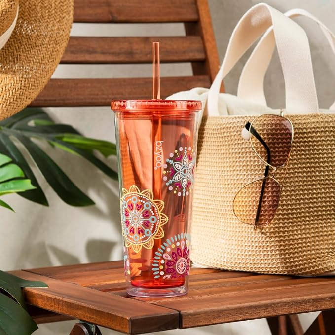 bzyoo 24oz Plastic Tumbler Cup, Lid & Straw, Iced Coffee, Medallion Orange | - Image 6