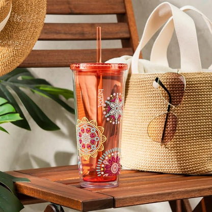 bzyoo 24oz Plastic Tumbler Cup, Lid & Straw, Iced Coffee, Medallion Orange | - Image 6