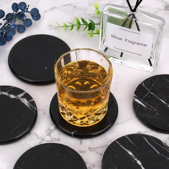 Natural Marble Coasters Set of 4, 4 inch Round, Silicone Anti-Slip Pads - Image 4