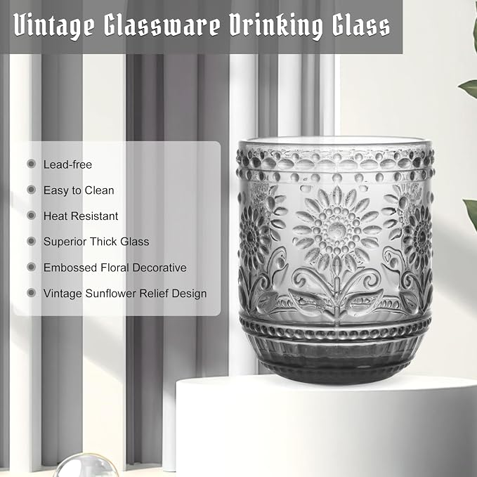 Topsky Vintage Drinking Glass Set of 4, 12 oz Embossed Floral Drinkware Set - Image 5