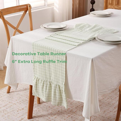 Pile Green White Plaid Gingham Ruffle Table Runner 72 inches Long 100% Washed - Image 3