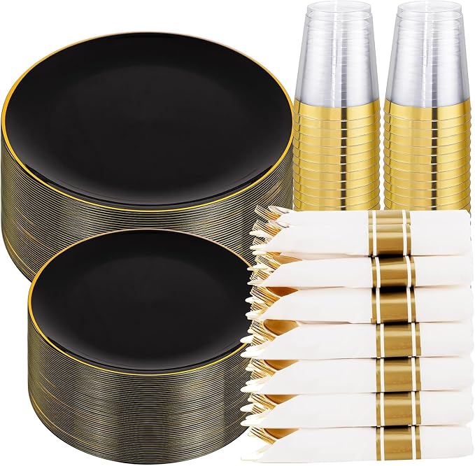 KIRE 350 PCS Black and Gold Plastic Plates by KIRE