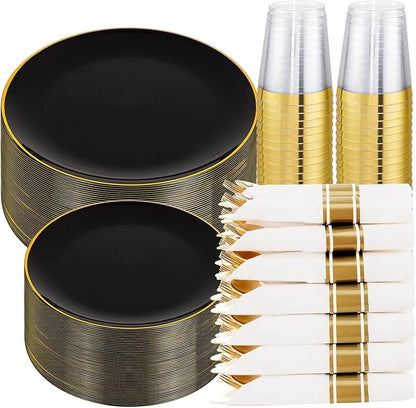 KIRE 350 PCS Black and Gold Plastic Plates by KIRE
