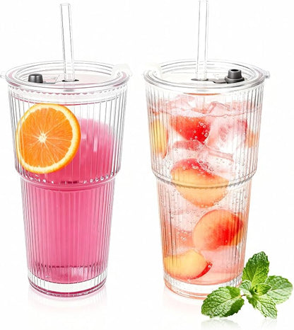 20oz Glass Tumblers with Lids and Straws, Ribbed Glassware by AiMQnLe