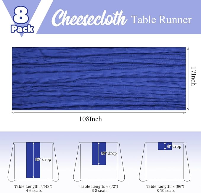 8 Pack Royal Blue Table Runners 17 x 108inch Cheesecloth Table Runner Boho - Image 3