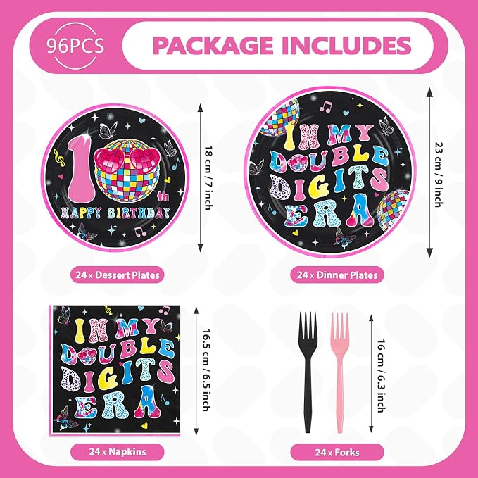 96 Pcs Pink and Black 10th Birthday Party Decoration Serves 24 | In My Double - Image 5