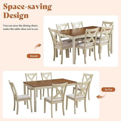 AMERLIFE 7-Piece Farmhouse Solid Wood Dining Table Set with 6 Upholstered Chairs, 60" Space Saving Dinner Table & Chairs Set, for Dining Room, Kitchen, Restaurant, Rustic Cream