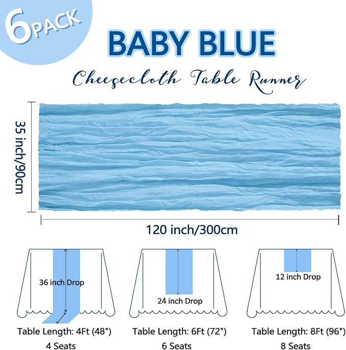 6 Pack Baby Blue Cheesecloth Table Runner 10Ft Gauze Cheese Cloth Table Runner - Image 2