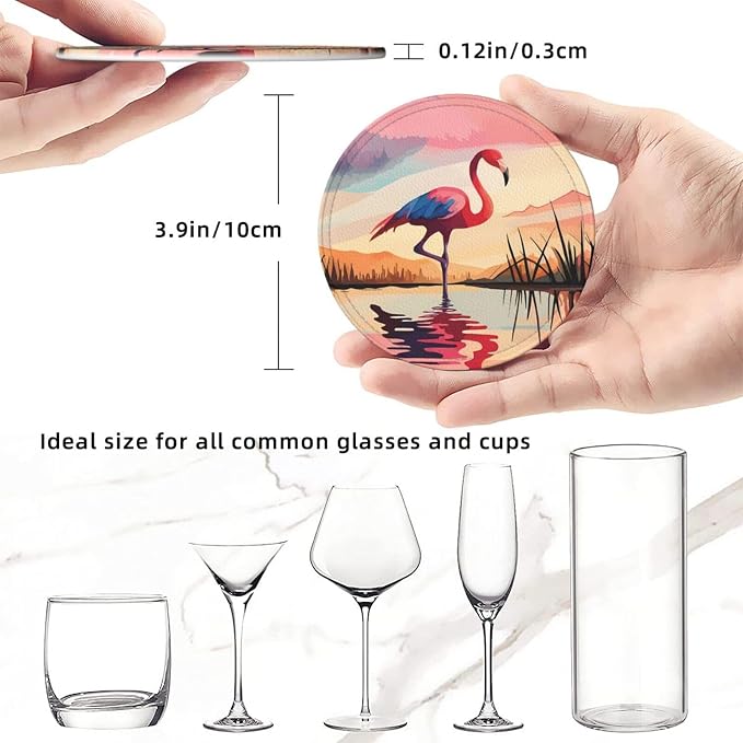 6 Pcs Pink Cute Flamingo Modern Art Boho Leather Coasters - Image 8