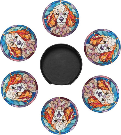 Drink Coaster Set of 6, Poodle Dog Mom Lover Gift,Leather Drink Coasters with Holder,6 Pack Cup/Bar/Drink Coasters for Table/Drinks/Coffee Protection Housewarming Gift