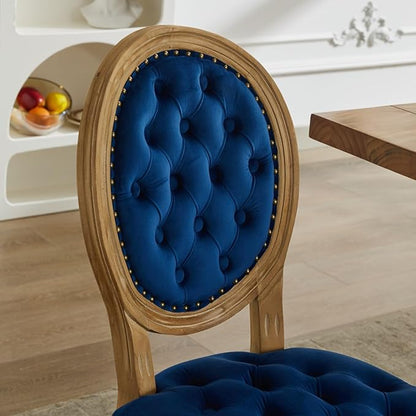 Ball & Cast French Vintage Upholstered Dining Chairs Set of 2, Button Tufted Kitchen Side-Chairs with Carved Antique Wood Frame & Nailhead Trims, 2-Piece Curved Backrest Louis Chair, Velvet Blue