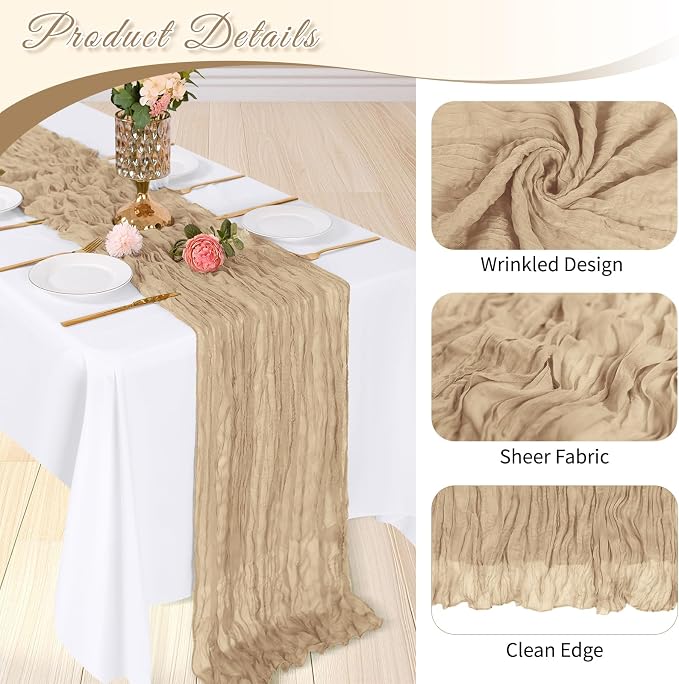 3 Pack Beige Cheesecloth Table Runner, 17 x 108 inch, Semi Sheer Boho Cheese - Image 4