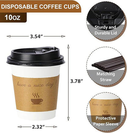 100 pack 10 oz Disposable Coffee Cups with Lids,To Go Coffee Cups for Home, Office, Cafes and Party (White 10oz)