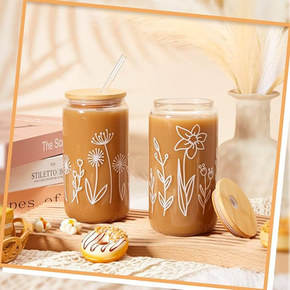 Mumufy 18 Pack Glass Cups Gift Aesthetic Cute Glass Cup Tumbler Flower Iced - Image 3