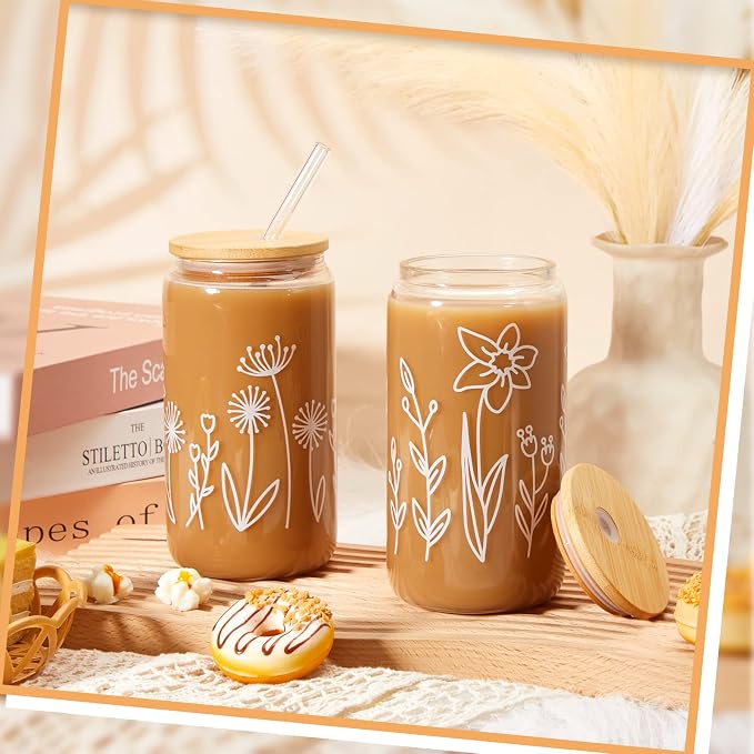 Mumufy 12 Pack Glass Cups Gift Aesthetic Cute Glass Cup Tumbler Flower Iced - Image 3