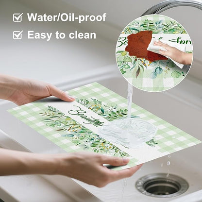 AOFOTO Green Plaid Placemats Set of 4 Beautiful Spring Leaves Printed Place Mats Washable Rectangular Table Mats for Party Home Kitchen Restaurant Dining Table Decor 12x18 Inch