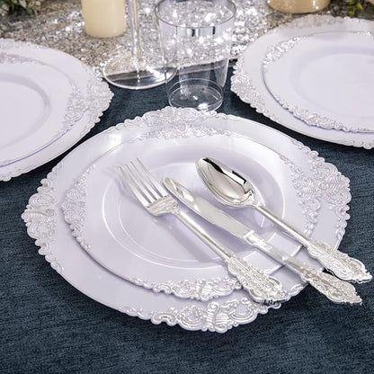 Hioasis 100pcs White Silver Plastic Plates for Party - 7.5" Dessert Plates Disposable, Heavy -duty, Classy and Elegant for Wedding
