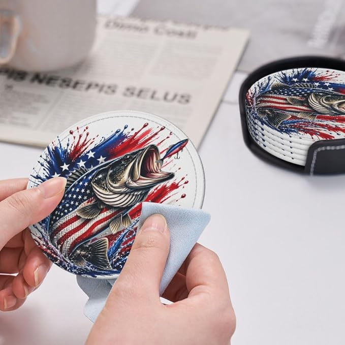 Patriotic Bass Fishing Splash Leather Coasters Set of 6 - Image 6