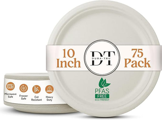 Heavy Duty Eco-Friendly PFAS-free Compostable Plates, 10 Inch Disposable Plates - Sugarcane Party Plates [Round, 75 Pack] | 100% Bagasse Biodegradable (White)