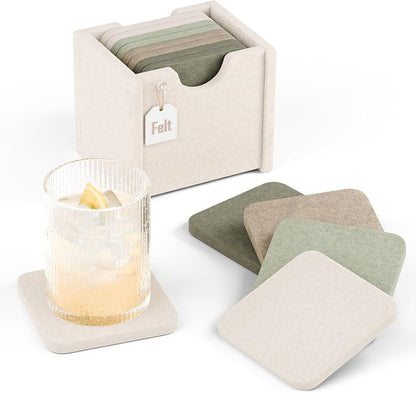 Fluxynara Felt Coasters with Holder, Linen Dusk | Square Felt Coasters by FLUXYNARA