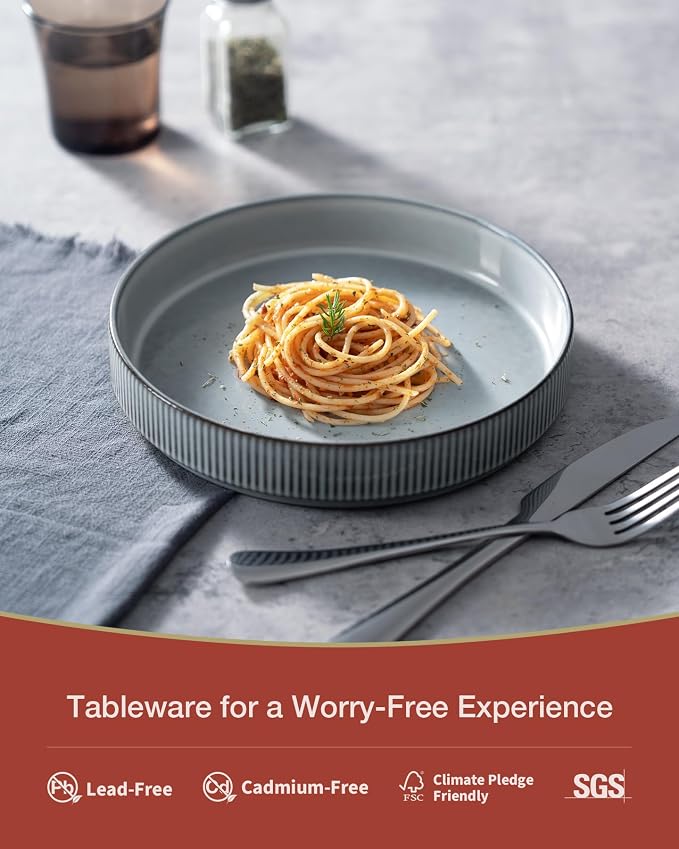 famiware Star 8.25" Pasta Bowls Set of 8, Bowl Plates, Smoky Blue | Microwave & - Image 3