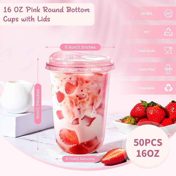 KesaPlan 50 Pack 16 oz Pink Round Bottom Plastic Party Cups - Image 2