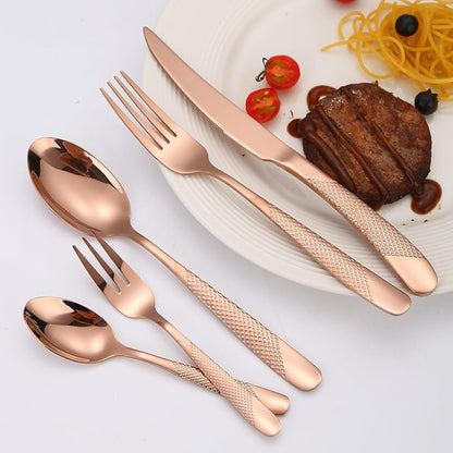 Hammered Flatware Set Copper/Rose Gold Silverware 20 Piece Stainless Steel - Image 2