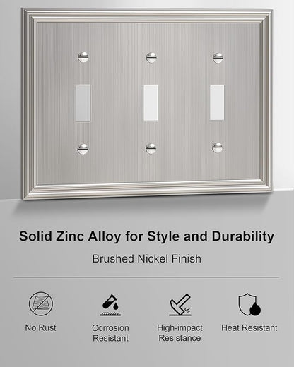 2-Pack Triple Toggle Light Switch Cover Plate, Durable Solid Zinc Alloy Decorative Switch Plate Covers, Brushed Nickel 3 Gang Wall Plate, Corrosion Resistant
